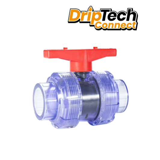 Clear PVC Double Union Ball Valve- Driptech Connect 20mm - 40mm