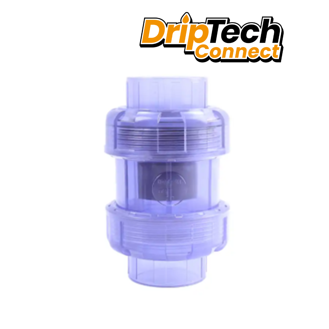 Clear PVC Double Union Check Valve (Slip x Slip) - Driptech Connect 20mm - 40mm
